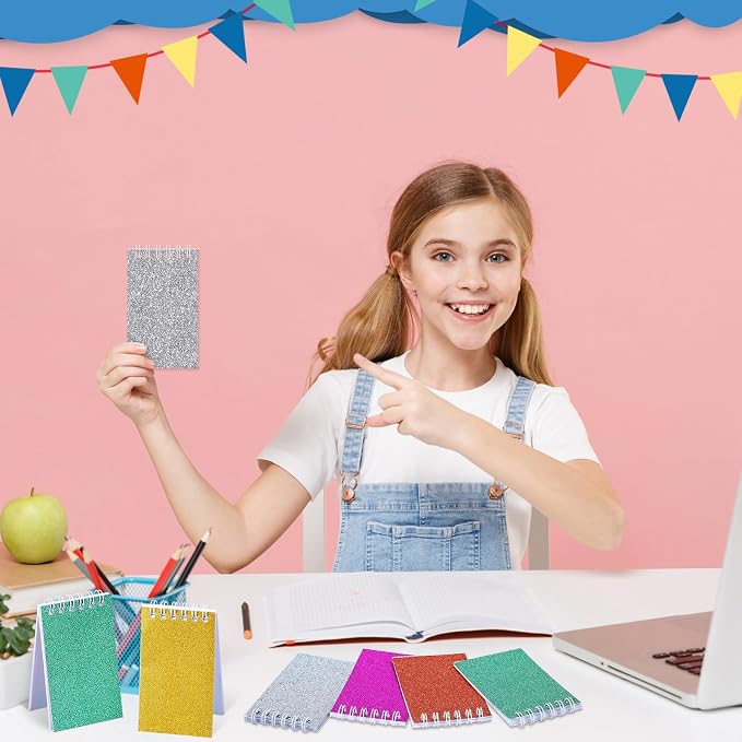 Seajan 48 Pcs Glitter Mini Spiral Notepads for Kids Party Favors Small Prism Notebooks 3.9 x 2.4 Inch Colorful Flash Memo Pads for Girls and Boys Birthday Gift Classroom Rewards 20 Pages Each