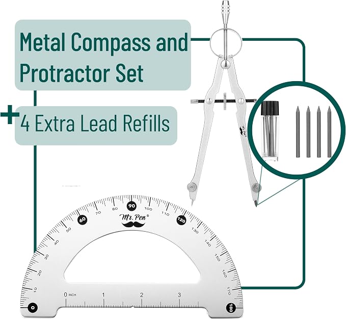 Mr. Pen- Metal Protractor and Metal Compass Set, Compass for Geometry | Geometry Set, Compasses, Protractor and Compass, Protractor for Geometry, Drawing Compass, Math Compass, Math Compass