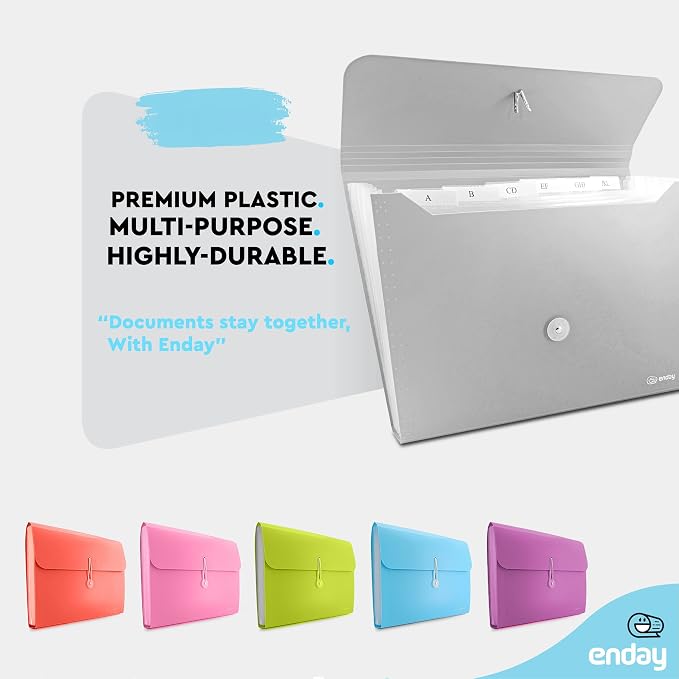 Accordion File Organizer Grey, 7 Pocket Expanding File and Cover Folder with Labels, Plastic Portable Desktop Letter A4 Paper, Also Available in Red, Green, Pink, Blue, Purple, 1 Pc – By Enday