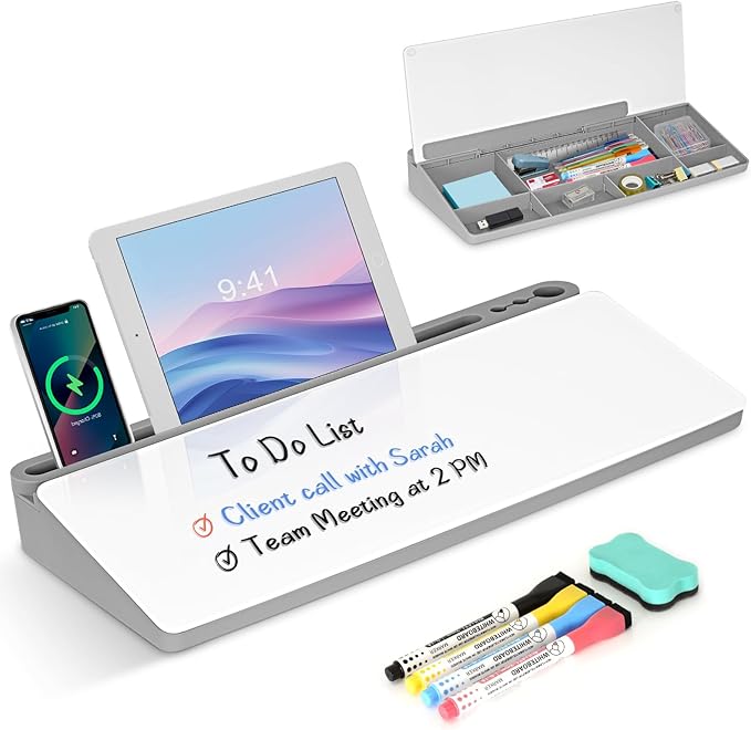 Desktop Glass Whiteboard with Storage, Desk Dry Erase White Board Grey | Computer Keyboard Stand, Office Desk Organizers and Accessories with Drawer, To Do Memo Notepad, Home School Supplies