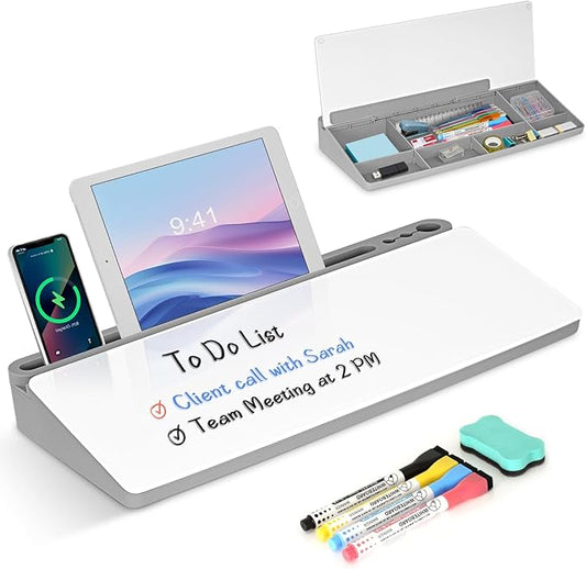 Desktop Glass Whiteboard with Storage, Desk Dry Erase White Board Grey | Computer Keyboard Stand, Office Desk Organizers and Accessories with Drawer, To Do Memo Notepad, Home School Supplies