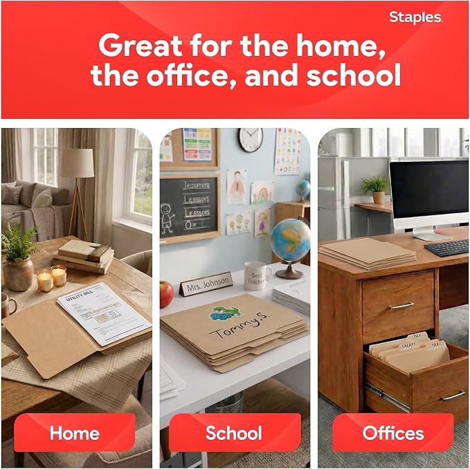 Staples Colored File Folders, Letter Size, 3‑Tab Top‑Tab Design, Kraft, Durable Paper Stock, 100/Pack