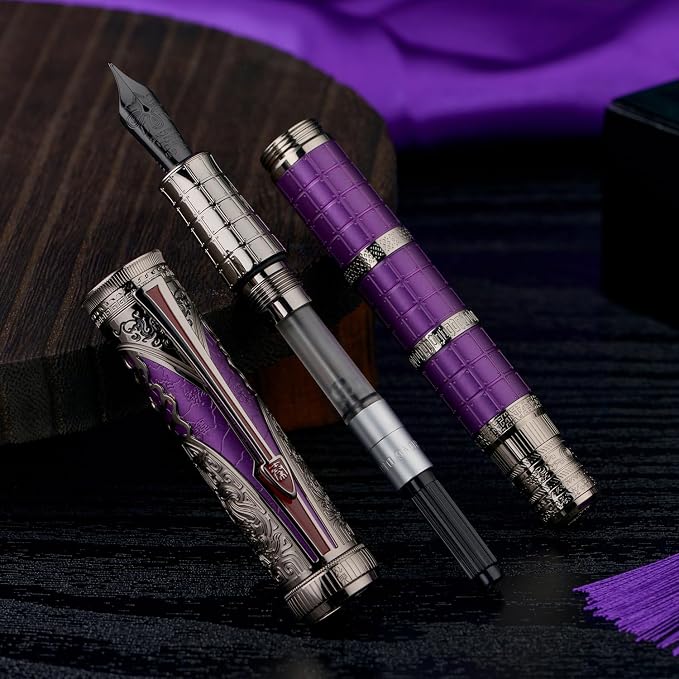 Hongdian D5X Fountain Pen Purple Color Medium Nib, Qin Dynasty Retro Chinese Totem Engraving Smooth Writing Pen with Converter and Pen Box Set