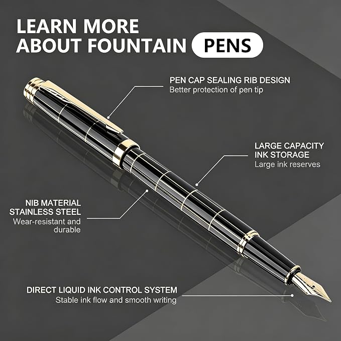 Tiankool Luxury Fountain Pen,Fine Nib, Exquisite Pen Gift Set for Men&Women-Includes 10 Ink Cartridges&Ink Converter- Nice Pens - Black - Gold Plaid