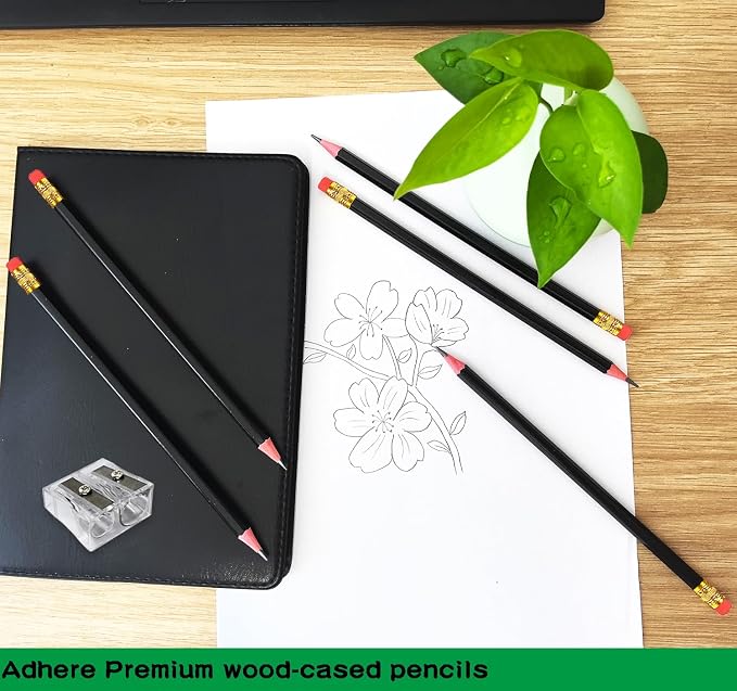 Adhere 25pcs Woodcase Pencils with Eraser Premium Pre-Sharpened Hexagon Graphite 2B pencils ideal for home, office writing including a Free Sharpener(Black・25pcs)