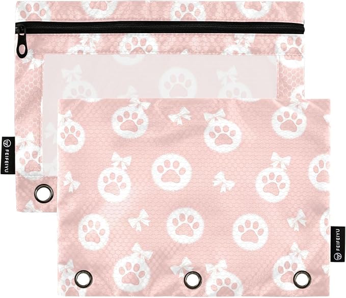 Emelivor Cute Paw Pink Pencil Pouch for 3 Ring Binder 2 Pcs Pockets Pencil Pouches Bag with Clear Pencil Case Cosmetic Bag for College Office Daily Supplies