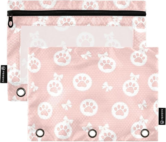 Emelivor Cute Paw Pink Pencil Pouch for 3 Ring Binder 2 Pcs Pockets Pencil Pouches Bag with Clear Pencil Case Cosmetic Bag for College Office Daily Supplies