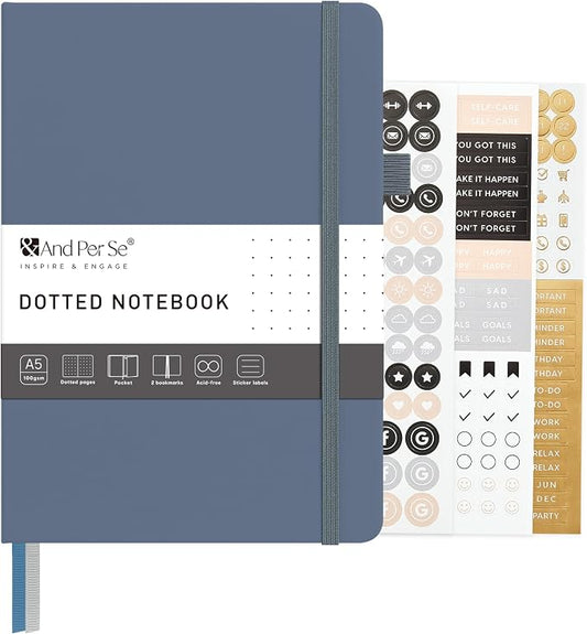 &And Per Se Dotted Journal – A5 Hardcover, Dot Grid Notebook for Planning & Journaling, 160 Pages 100gsm Paper, Stickers - 5.7”x8” (Dark Blue)