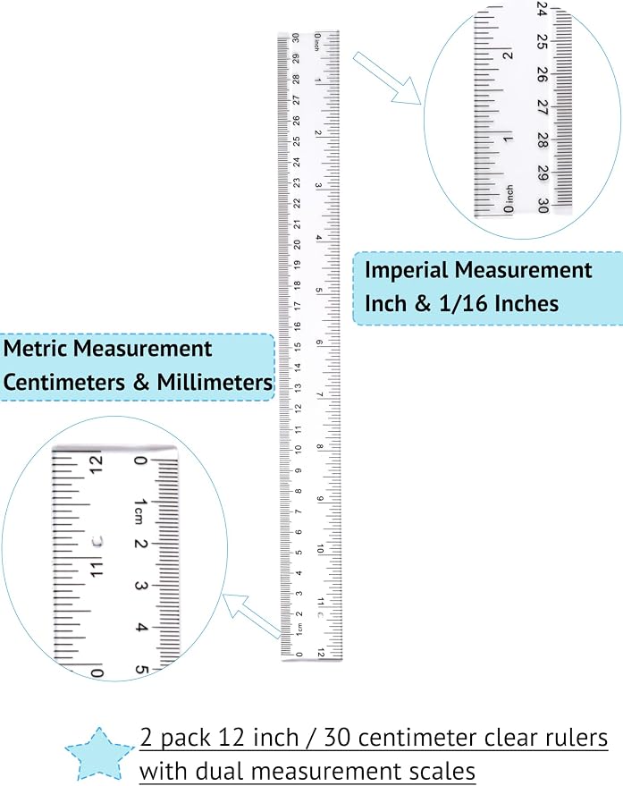 Ruler 12 Inch, 2 Pack Clear Plastic Rulers with Inches and Metric, Shatterproof Transparent Straight Edge for School Office, Easy-to-Read mm cm Markings
