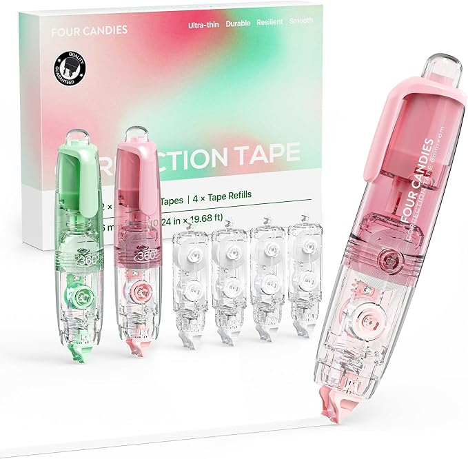 Four Candies 2-Pack White Correction Tape, 118.1 ft, 6mm Width (Pink Green)