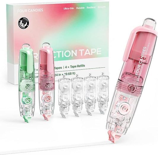 Four Candies 2-Pack White Correction Tape, 118.1 ft, 6mm Width (Pink Green)