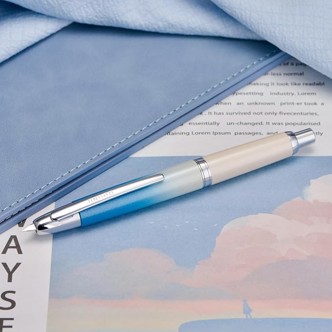 Jinhao 10 Press Fountain Pen with Box, Gradient Blue Retractable Medium Nib with Ink Converter Limited Edition Set (Silver Clip)