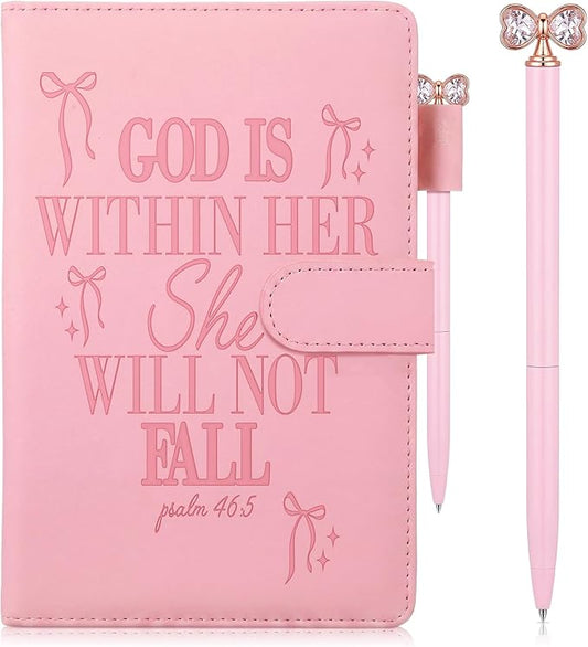 Thenshop 3 Pcs Bible Verse Leather Journal for Women Coquette Bow Christian Journal with Pen & Gift Box God Is Within Her Notebook for Faith Religious Gifts Prayer Bible Study Supplies 5.7×8.4″