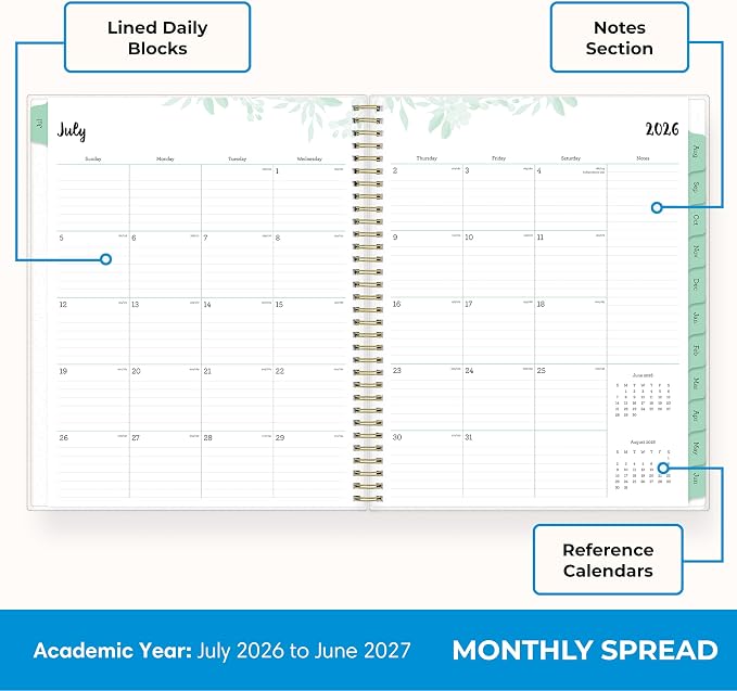 Blue Sky 2026-2027 Weekly & Monthly Academic Planner, 8.5"x11", Laurel | July 2026 - June 2027, Flexible Cover, Wirebound, Laminated Tabs, Storage Pocket, Academic Year