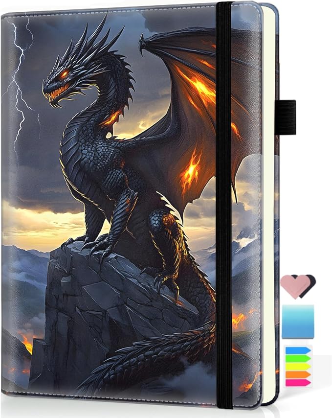Hardcover Executive Notebooks, A5 PU Leather Lined Journal Notebook, 200 Pages Thick Paper Subject Notebooks for School,Work,Home Writing Business Notebook, Diary Book, Dragon and Flame