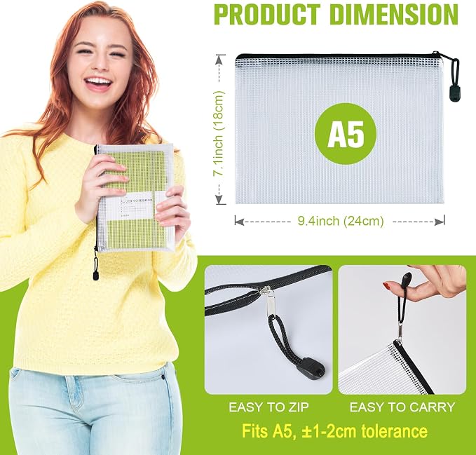 A5 Mesh Zipper Pouch Bag, 6PCS Waterproof Plastic Mesh Zipper Bag, Black | 9.4×7.1 Inch Tear-Resistant Document Pouch, Zip File Bags for School Classroom Office Supplies Home Bikini Travel Storage