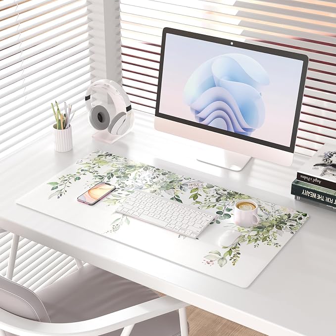 Colorful Star Green Leaves Waterproof Office Desk Mat, 31.5" x 15.7" | Large Non-Slip Gaming Mouse Pad, XXL PC Laptop Protector Pads, PU Leather Desk Writing Pads for Office Home