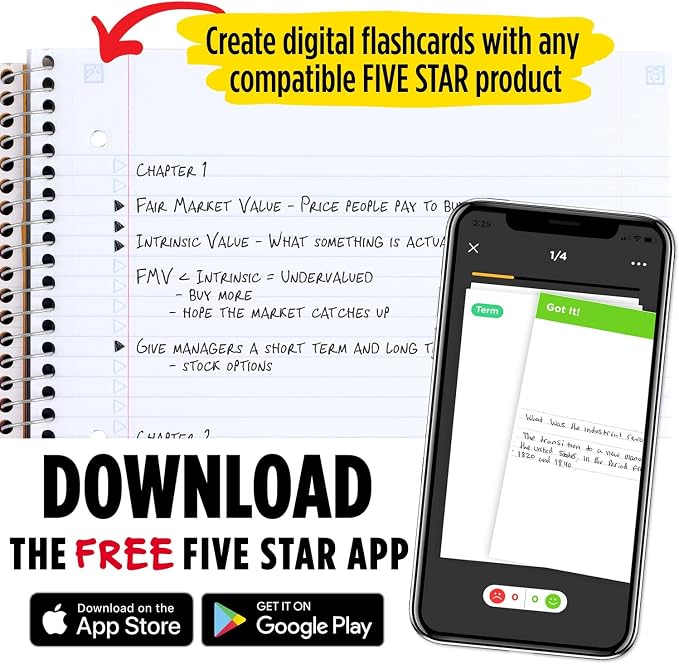Five Star Spiral Notebook + Study App, 3 Subject, College Ruled Paper, Fights Ink Bleed, Water Resistant Cover, 8-1/2" x 11", 150 Sheets, Black (72069) (Pack of 2)
