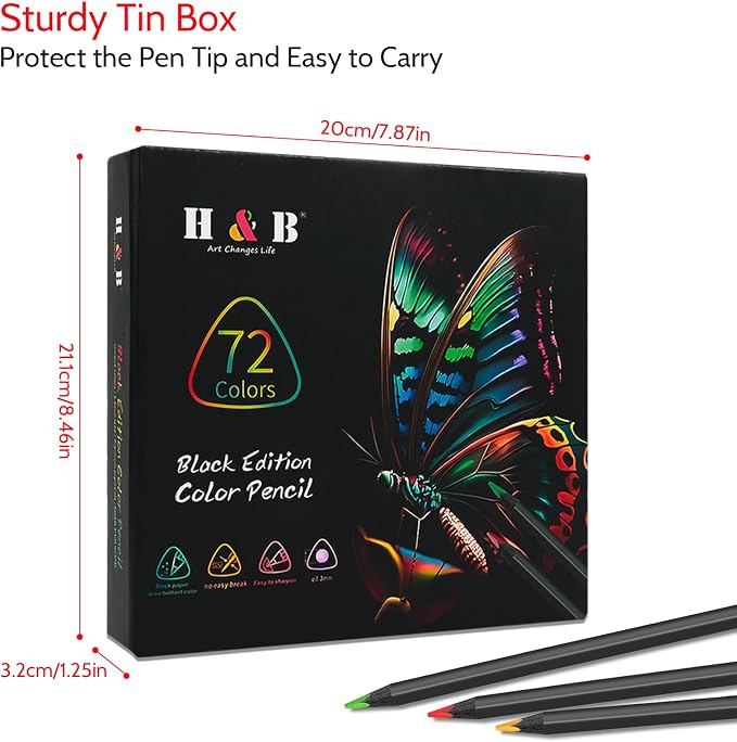 H & B 72-Color Oil-Based Colored Pencils Set with Tin Case – Triangular Grip, Vibrant Soft Core, Black Paper Swatch Sheet & Mandala Stencils for Adults, Beginners & Artists