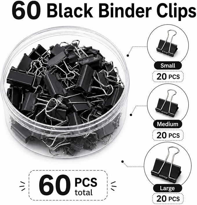 Binder Clips Assorted Sizes, Durable Metal Binder Clips for Office, Cute Desk Supplies for Teachers Student (60, Black)