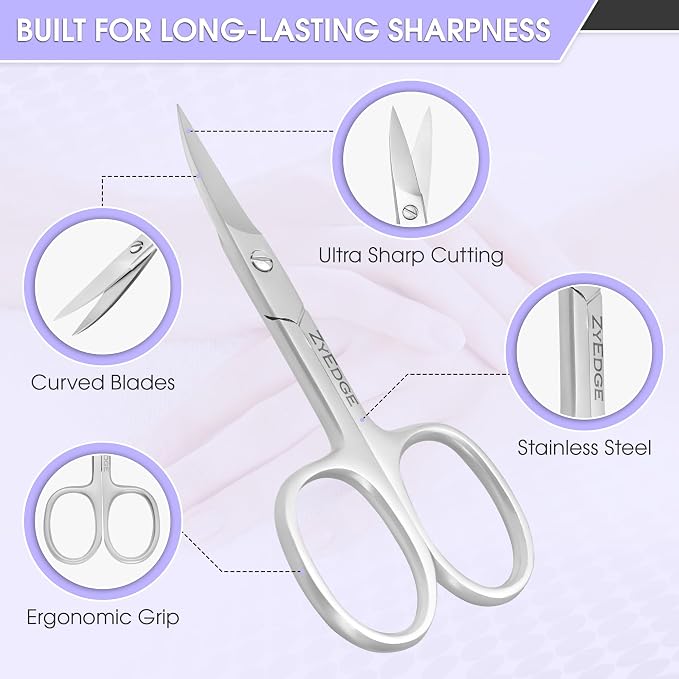 Curved Nail Scissors for Women Manicure Pedicure Scissor for toenail | Stainless steel curved blade and fingernail trimming, ergonomic grip, compact 3.5 inch travel size