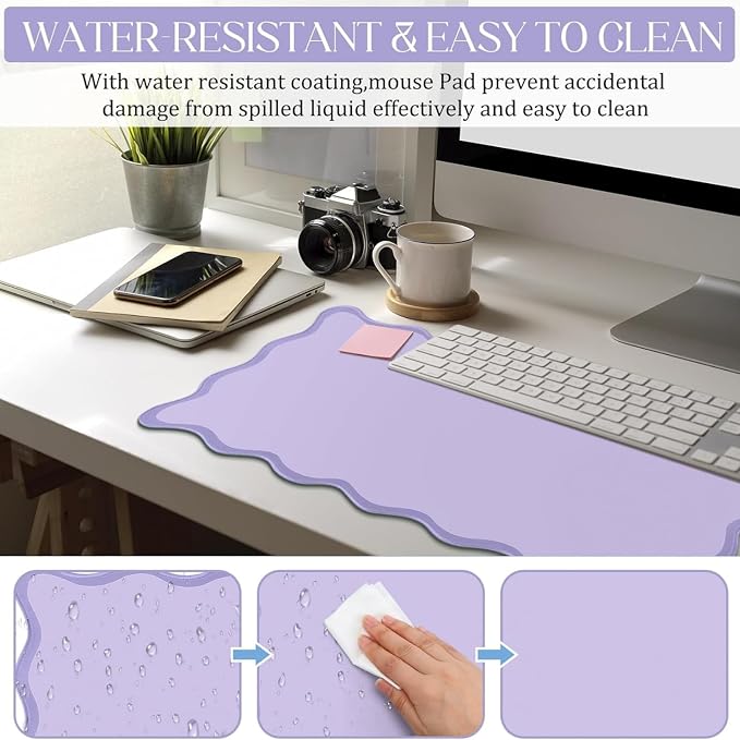 Hahafelt Scalloped Desk Mat Large Desk Pad Cute Coquette Table Mat Back to School Preppy Table Make up Pad Nonslip Graduation Gift with Stitching Waterproof Gaming(Purple,36 x 17 Inches)