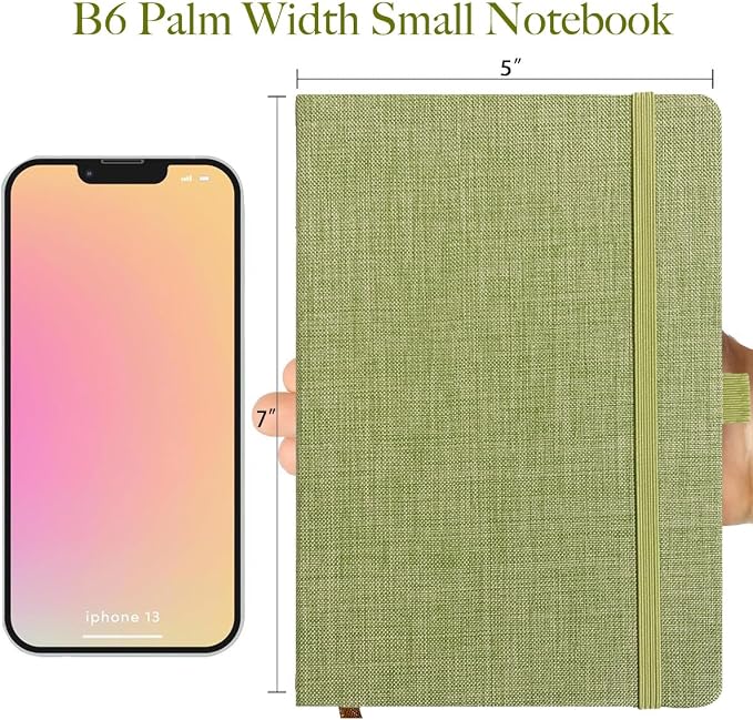 Linen Notebook, College Ruled, Hardcover, Lay Flat, B6, Small, 5x7, Thick, 100gsm, Green, Journal for Writing, Notebook for Work, Office