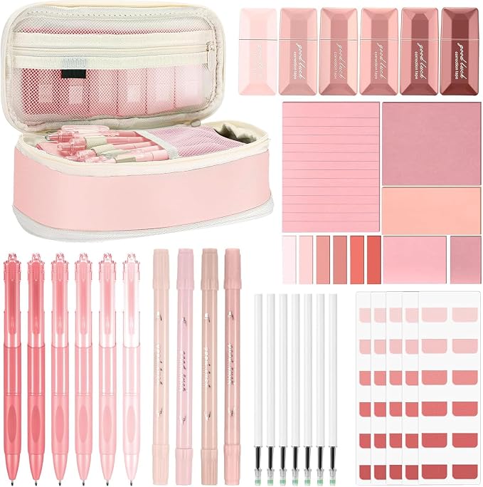 38 Pcs Aesthetic Office Supplies with Pen Case Sticky Notes Gel Pens Highlighters Correction Tapes Stationery Kit for Office Work Coworkers(Pink Color,Classic)