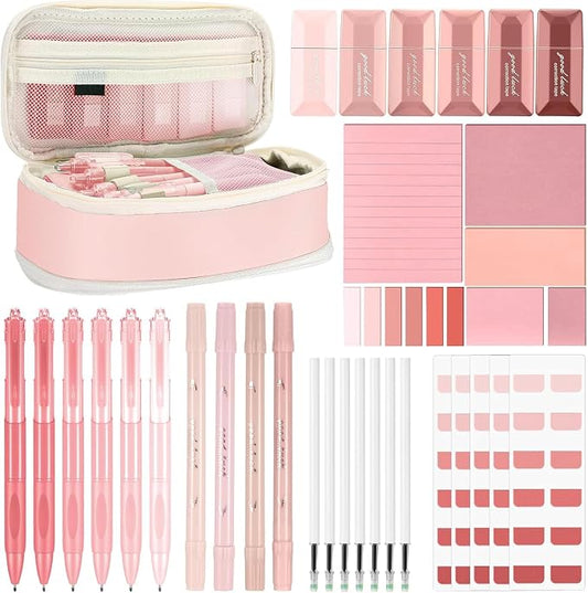 38 Pcs Aesthetic Office Supplies with Pen Case Sticky Notes Gel Pens Highlighters Correction Tapes Stationery Kit for Office Work Coworkers(Pink Color,Classic)