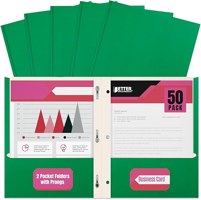 Better Office Products Green Paper 2 Pocket Folders with Prongs, 50 Pack, Matte Texture, Letter Size Paper Folders, 50 Pack, with 3 Metal Prong Fastener Clips, Green