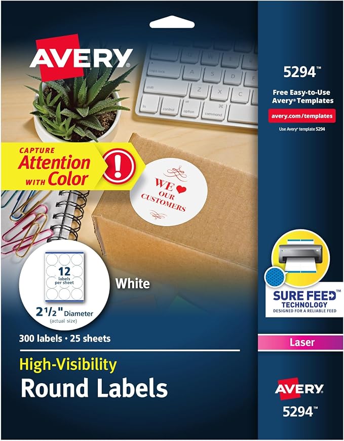 Avery Round Printable Labels, 2.5" Diameter, Matte White, Sure Feed Technology, Laser & Inkjet Compatible, 300 Blank Labels, Great for Branding, Packages, School Supplies,and More (5294) (Pack of 10)