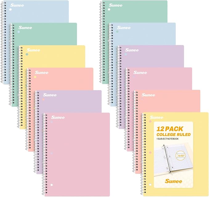 SUNEE Spiral Notebooks, 12 Pack, 1-Subject, College Ruled Paper, 8" x 10-1/2", 70 Sheets per Notebook, Assorted Pastel Colors Spiral Notebooks for School