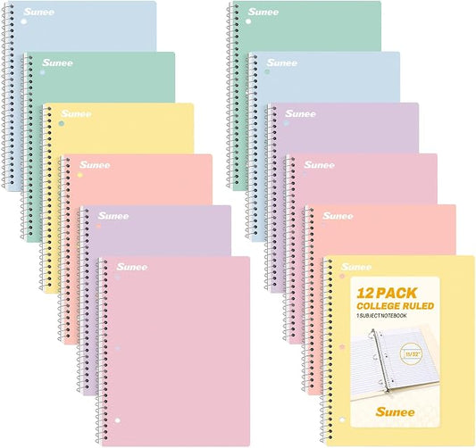 SUNEE Spiral Notebooks, 12 Pack, 1-Subject, College Ruled Paper, 8" x 10-1/2", 70 Sheets per Notebook, Assorted Pastel Colors Spiral Notebooks for School