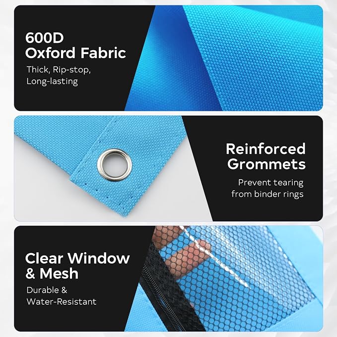 3 Ring Pencil Pouch for Binder, 2-Pocket Zipper Pencil Case with Clear Window & Mesh Pocket, 600D Oxford Fabric Binder Pouch for School Office Supplies, Fits Standard 3-Ring Binders, Sky Blue