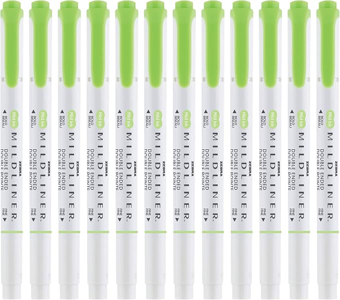 Zebra Pen MILDLINER No Bleed Highlighter, Green Color, Dual Tip, 12-Pack | Broad and Fine Point Tip Marker Set, Ideal for Bible Highlighting, Journaling, Office, School and Teacher Supplies (78140upc)