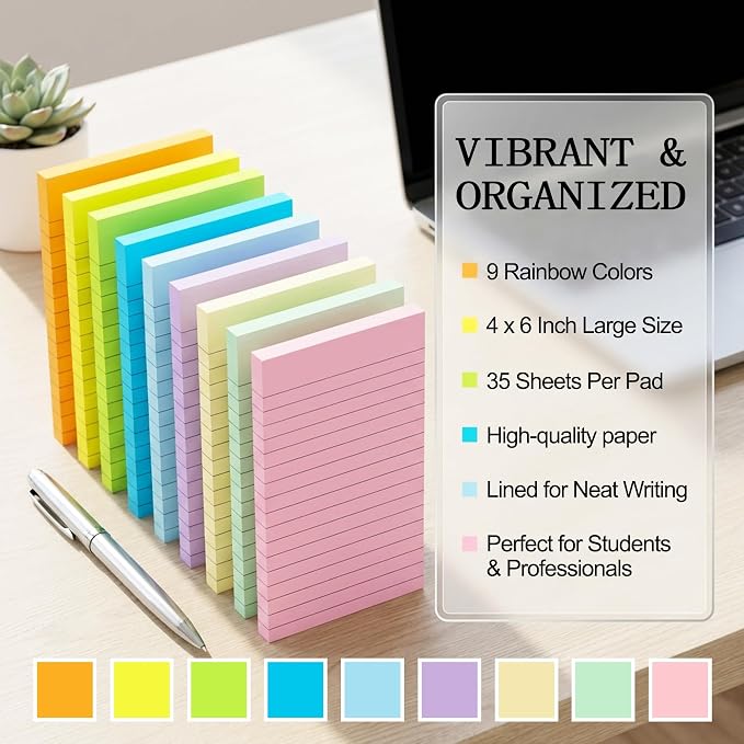 (9 Pack) BOKUGE Lined Sticky Notes 4x6 in, Strong Adhesive Self Stick Note Pads, Sticky Notes with Lines, 9 Colorful Options, Perfect for Office, Classroom, Task Reminders, Smooth Writing