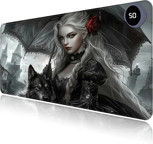 Heated Mouse Pad with 3 Levels Heated & 3 Hours Auto Shut-Off Mouse Pad for Warming Hands in Office Home, 23.6" x 14.2"Large Safe Desk Mat Hand Warmer，Woman with Umbrella