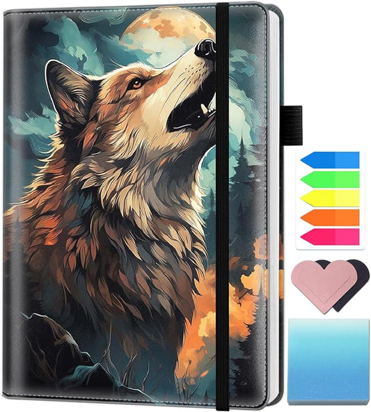 A5 Leather Lined Journal Notebook, 200 Pages Hardcover Executive Notebook for Men Women Office School Note Taking, Thick Writing Paper Daily Journal with Bookmarks/Indexes, Wolf