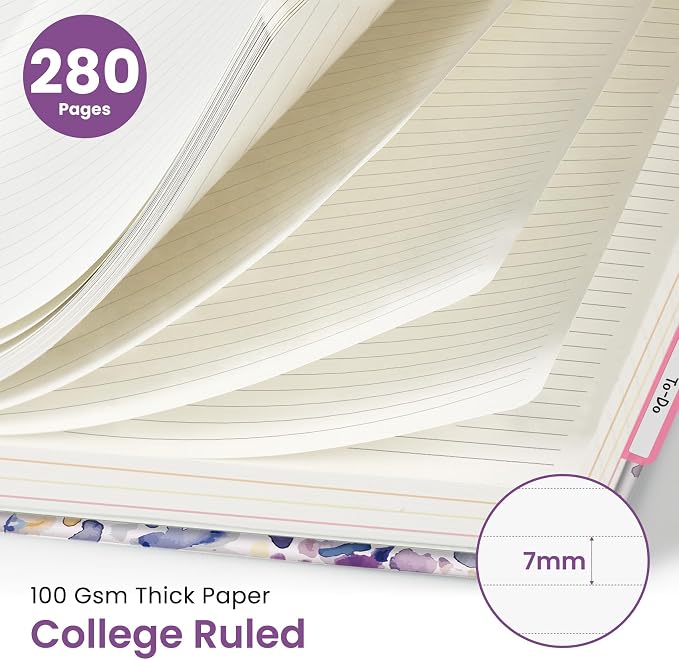 Large Spiral Lined Notebooks for Work with Removable Dividers & Tabs, 8.5"x11" Pretty Hardcover 5 Subject Notebook Journal for Women, College Ruled, Perfect for Study & Office Organization, 280 Pages,Purple Blocks