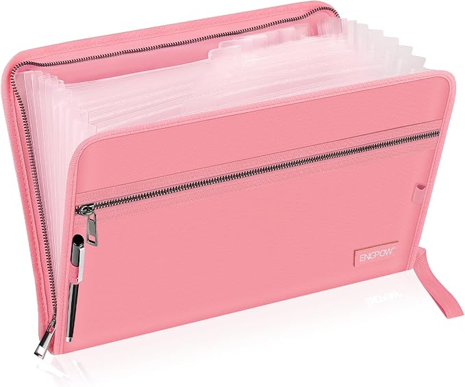 ENGPOW Expanding File Folder,Fireproof 13 Pockets Document Organizer Bag | Accordion File Organizer with Zipper＆Labels,Portable Home Travel Safe Storage for Important Files,Papers,Letter Size,Pink