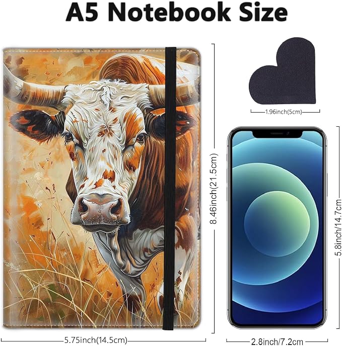 A5 Leather Lined Journal Notebook, 200 Pages Hardcover Executive Notebook for Men Women Office School Note Taking, Thick Writing Paper Daily Journal with Bookmarks/Indexes, Cow Watercolor