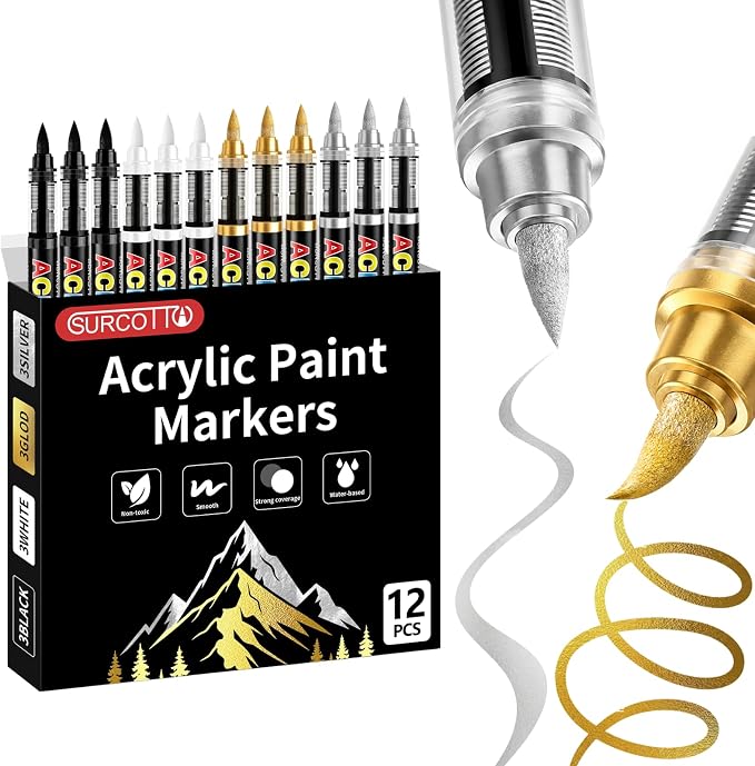 Surcotto 12 Black & Gold & Silver & White Acrylic Paint Pens | 1-6 mm Brush Tip，Direct-liquid，Quick Dry