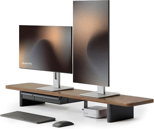 Fenge 42.5" Monitor Stand with Storage Drawers, Minimalist Monitor Riser with Solid Ash Legs and Cable Management, Wooden Desk Shelf for Home Office Workspaces, Brown