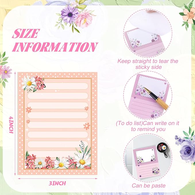 Chiisong 12 Pads Cute Sticky Notes Flower Sticky Notes 3 x 4 Inches Colored Adhesive Memo Reminder Decor Floral Memo Pads Flower Notepads for Journal Office Birthday Gifts