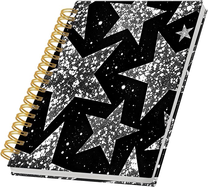 KZYVFNPQ Spiral Journal Notebook for Women Men, A5 Cute Hardcover Lined Notebook with Strong Binding,College Ruled Notebook for Office Work Writing(Star Black White Speckled)