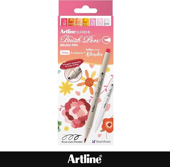 Artline SUPREME Brush Pens | AP Certified Safe for Kids | Blur Resistant Ink | EPFS-F | Flexible Brush Nib Creates Unique Wide & Fine Lines | Assorted Floral 7-Pack