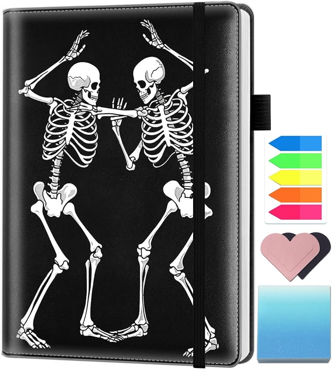 A5 Leather Lined Journal Notebook, 200 Pages Hardcover Executive Notebook for Office Note Taking,Thick Writing Paper Daily Journal with Bookmarks/Indexes,Day of The Dead Halloween Skeleton Dancing