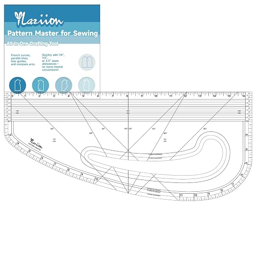 YLaziion 16" Imperial Acrylic Pattern Master Ruler French Curve Sewing Tool | Multi-Purpose, 3mmNon-Yellowing Acrylic, 45°& 60° Angle Lines, 1/16" Scale, Hip Curve, Vary Form Curve, Seam Allowance Guide