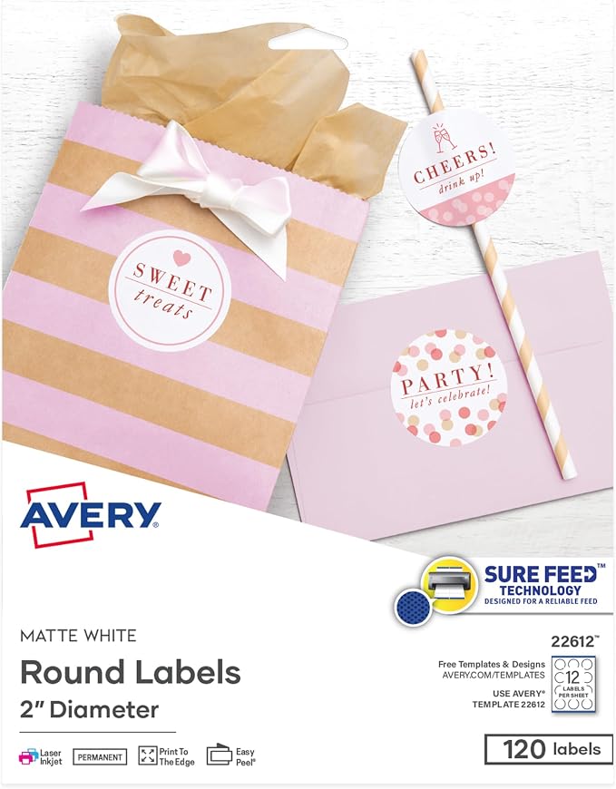 Avery Round Labels, 2" Diameter, Sure Feed Technology, Print-to-the-Edge, Easy Peel, Laser/Inkjet, Permanent, 120 Blank Circle Labels Total (22612)