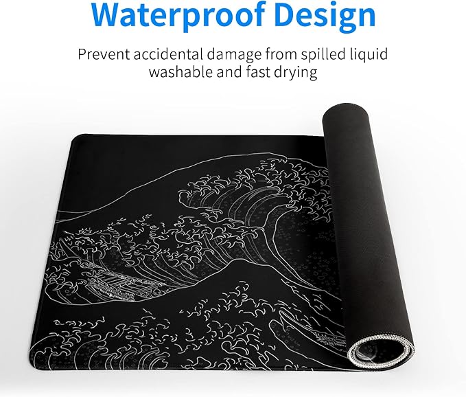 Brecoy Japanese Sea Wave Large Mouse Pad, Anime Black Gaming, Extended Kanagawa Mat Desk Pad, 3mm Thick Long Non-Slip Rubber Base Mice Pad, 31.5 X 11.8 Inch